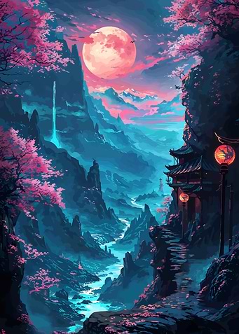 Mystical Asian Landscape with Cherry Blossoms