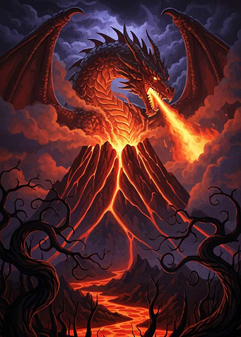 Dragon a volcano spewing fire