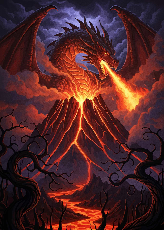 Dragon a volcano spewing fire