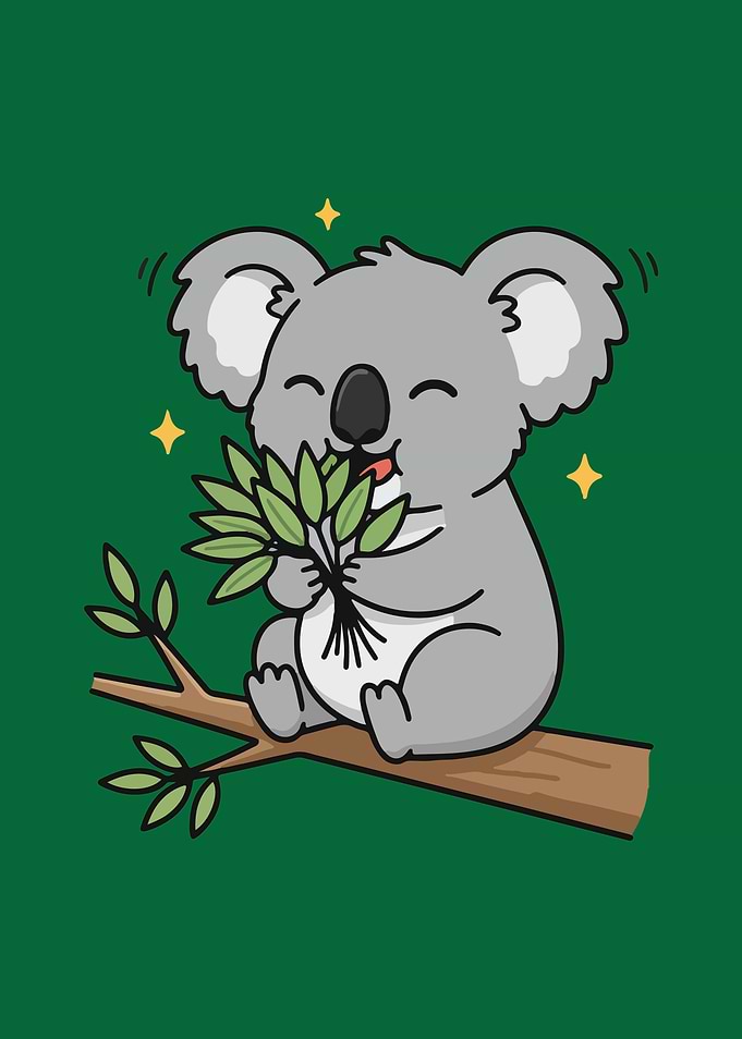 Cute Koala Eating Eucalyptus Cartoon Illustration