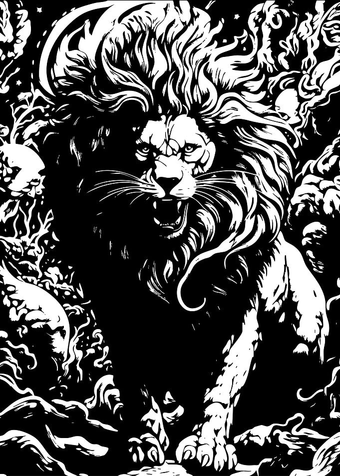 Roaring Lion Black and White Illustration