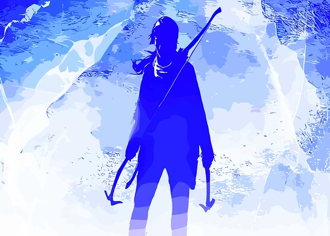 Blue Silhouette of Adventurer in Icy Landscape