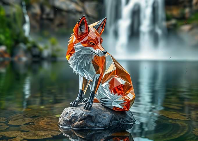Geometric Fox Sculpture by Waterfall