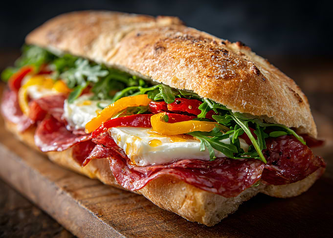 Delicious Italian Sandwich on Wooden Board