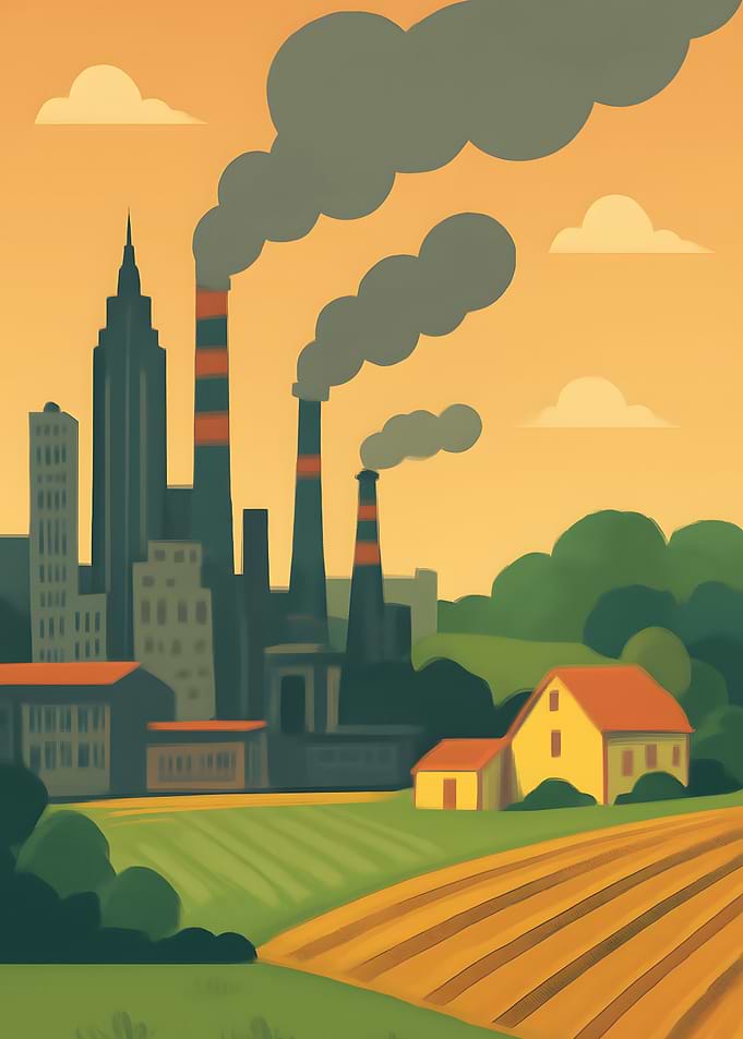 Industrial Landscape with City and Farm