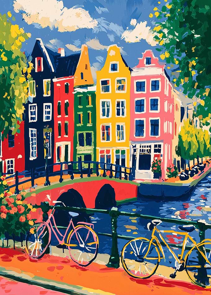 Colorful Amsterdam Canal Scene with Bicycles