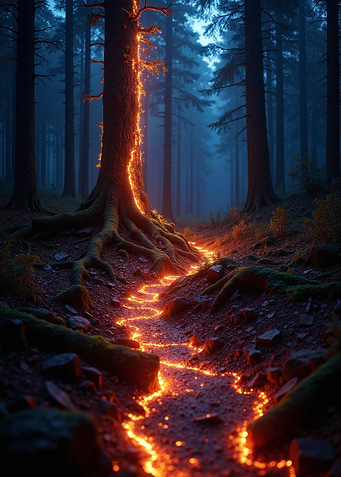 Glowing Path Through Dark Forest