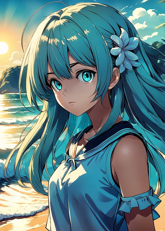 Anime Girl on Beach at Sunset