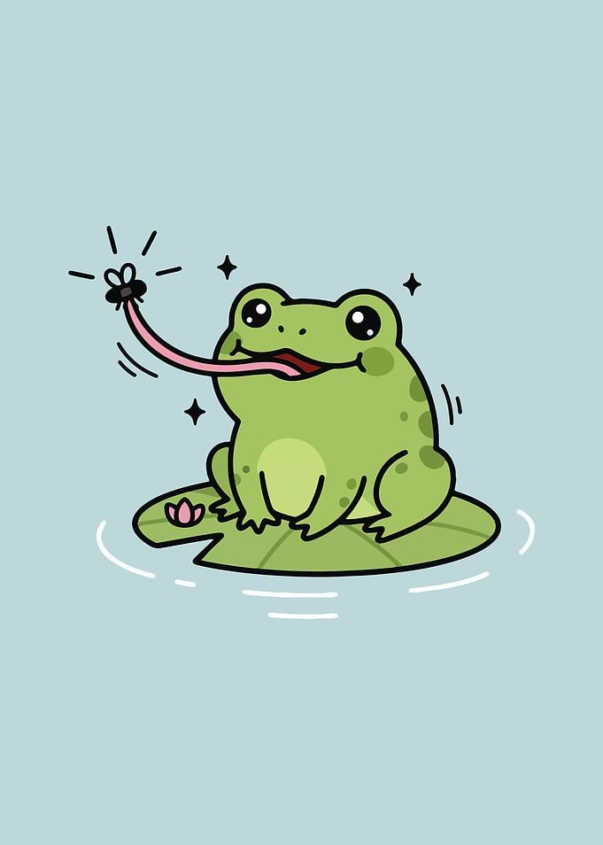 Cartoon Frog Catching Fly on Lilypad