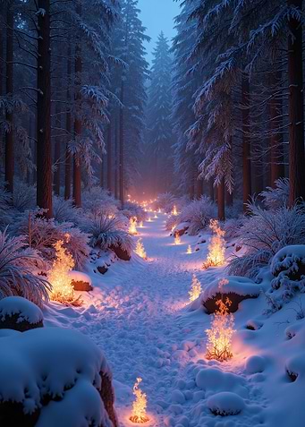 Winter Forest Path with Flames