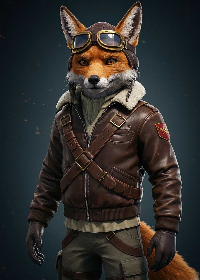 Anthropomorphic Fox Pilot in Leather Jacket