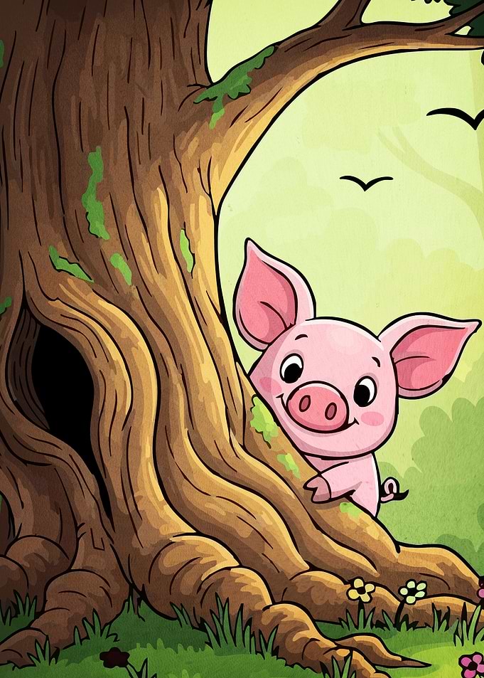 Pig Peeking Behind Tree