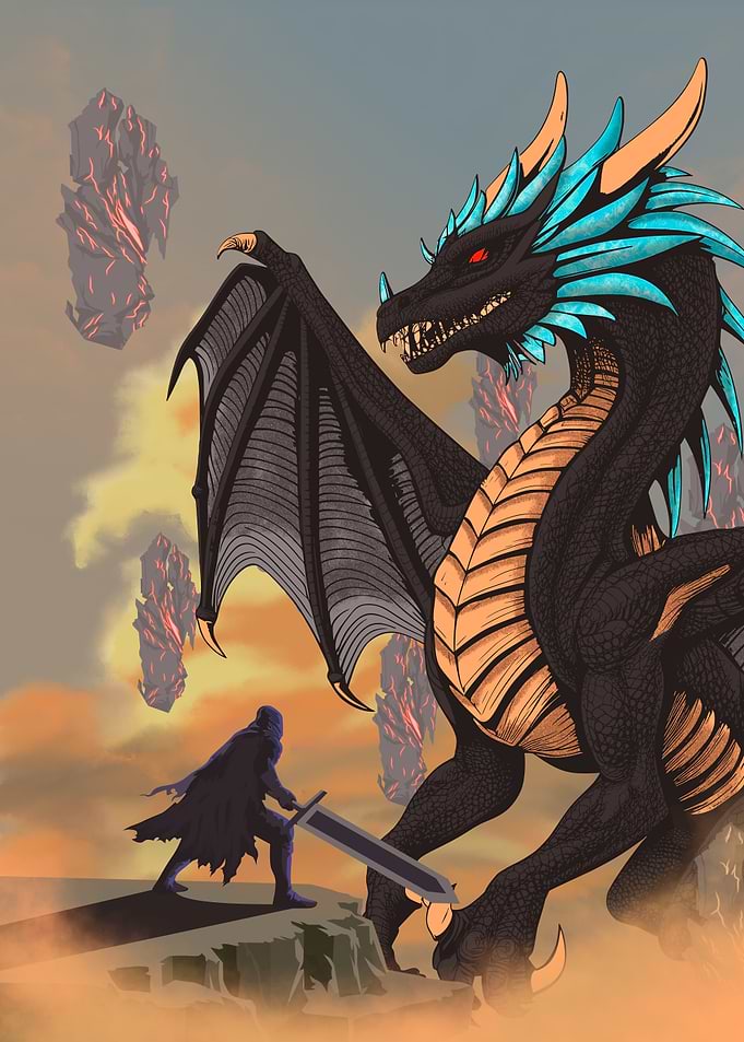Dragon and swordsman Fantasy Scene
