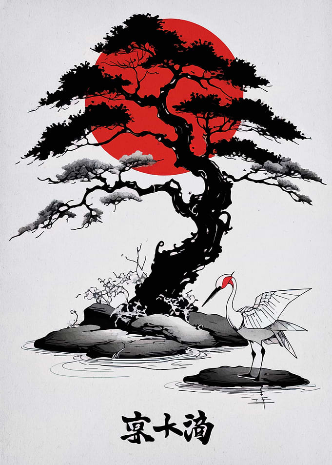 Japanese Crane and Bonsai Tree Art