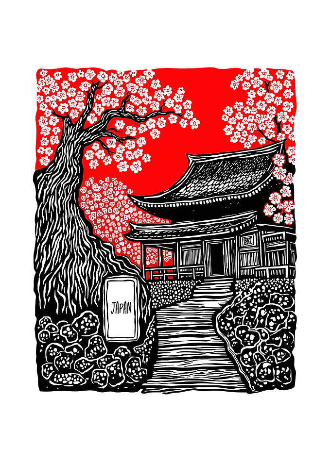 Japanese Temple with Cherry Blossoms Art
