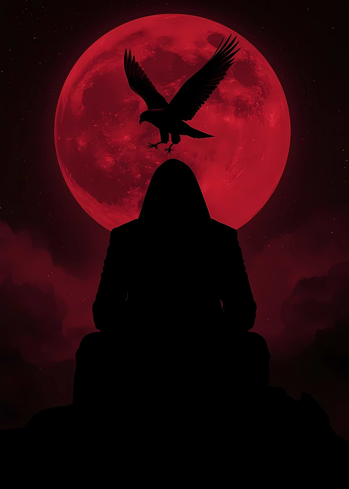 Silhouette, Eagle, and Red Moon