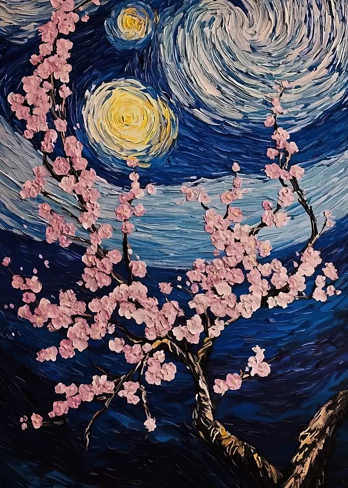 Cherry Blossoms Under Starry Night Painting