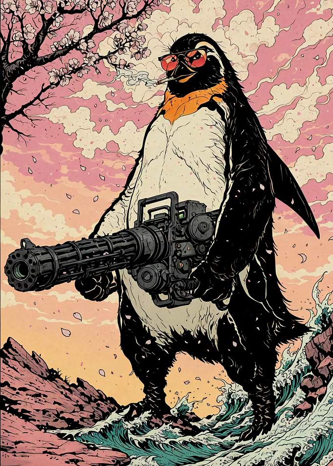 Armed Penguin with Sunglasses Cherry Blossom Sakura Japanese Traditional Art