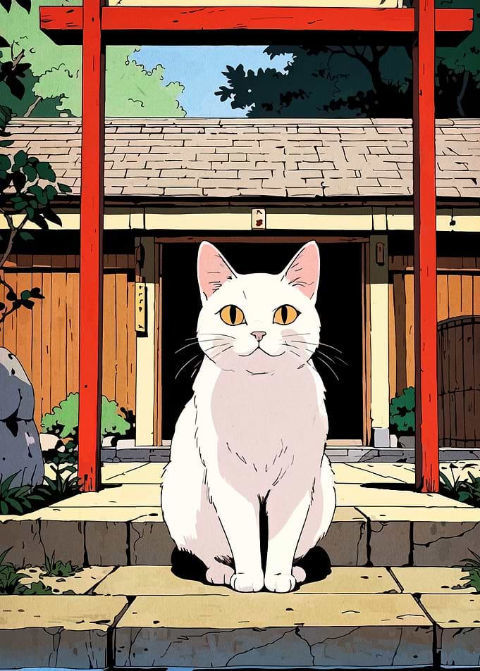 White Cat at Japanese Shrine Entrance