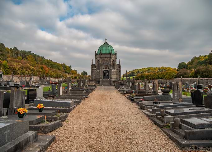 Cemetery with Mausoleum and Autumnal Trees