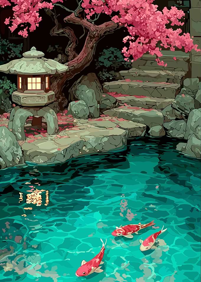 Japanese Garden with Koi and Lantern