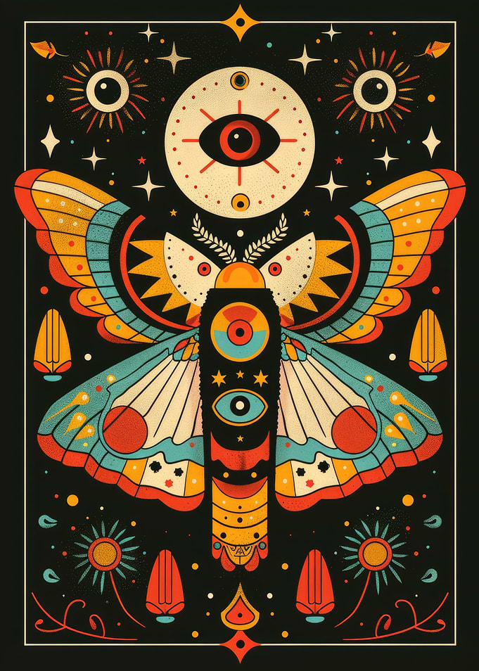 Mystical Mid Century Modern Evil Eye Moth Illustration