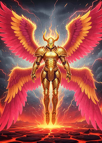 Golden Armored Angel Fiery Wings