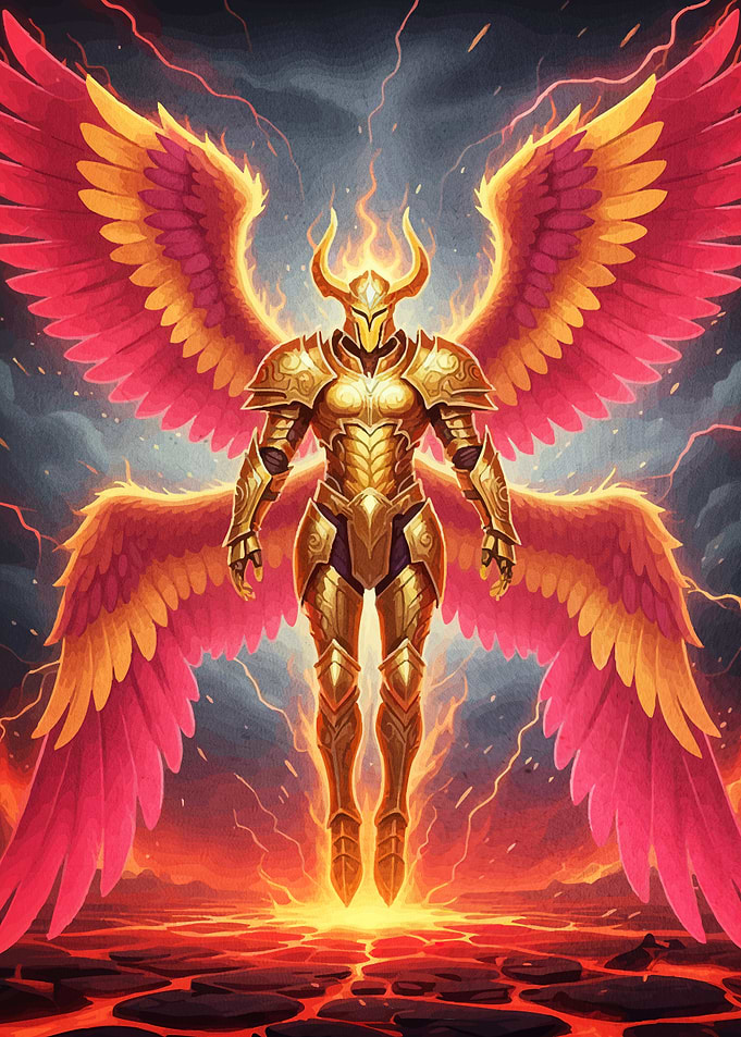 Golden Armored Angel Fiery Wings