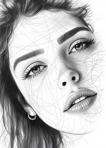 Monochrome Portrait of face of a beautiful young woman with Abstract Lines