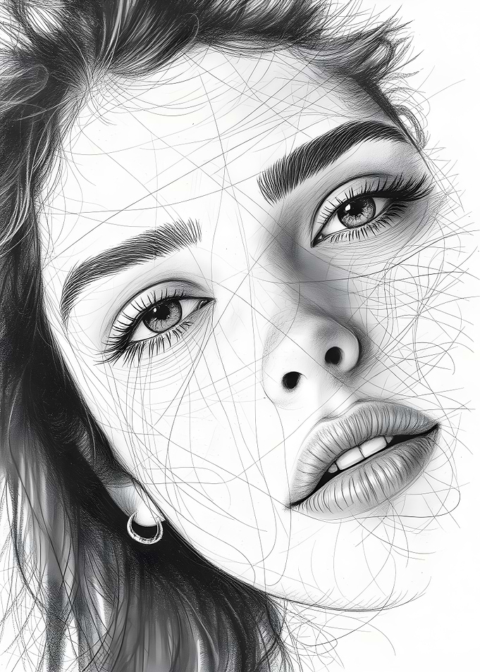 Monochrome Portrait of face of a beautiful young woman with Abstract Lines