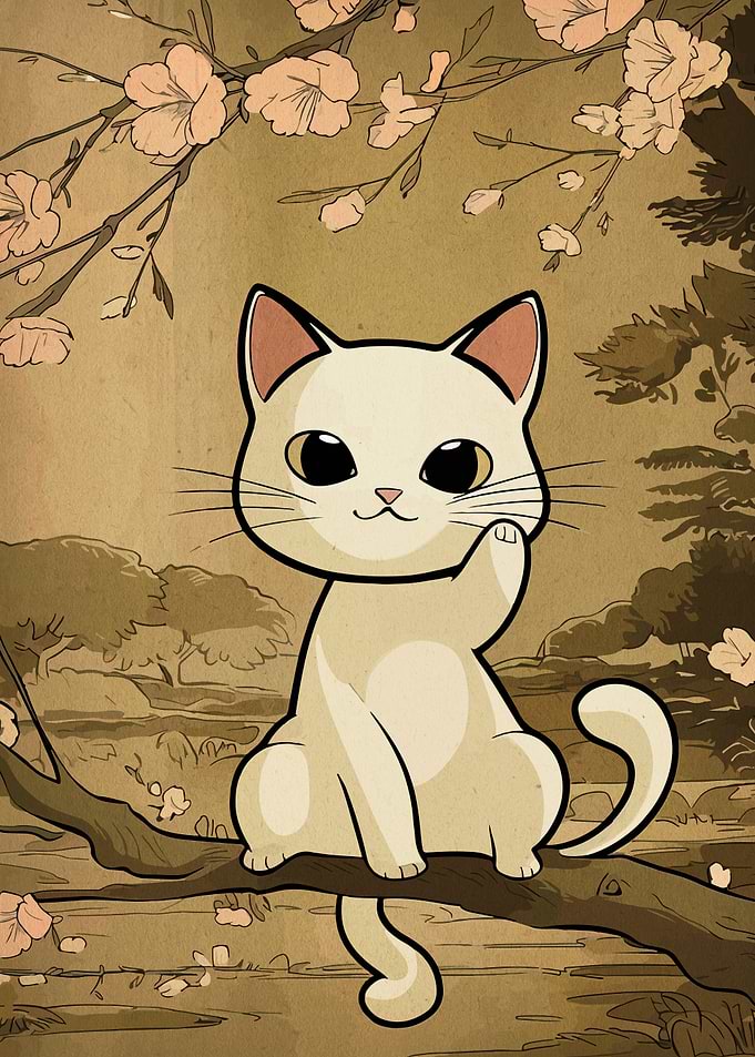 Cute Cat on Branch with Flowers