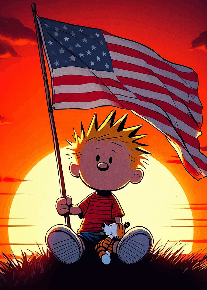 Calvin and Hobbes with American Flag