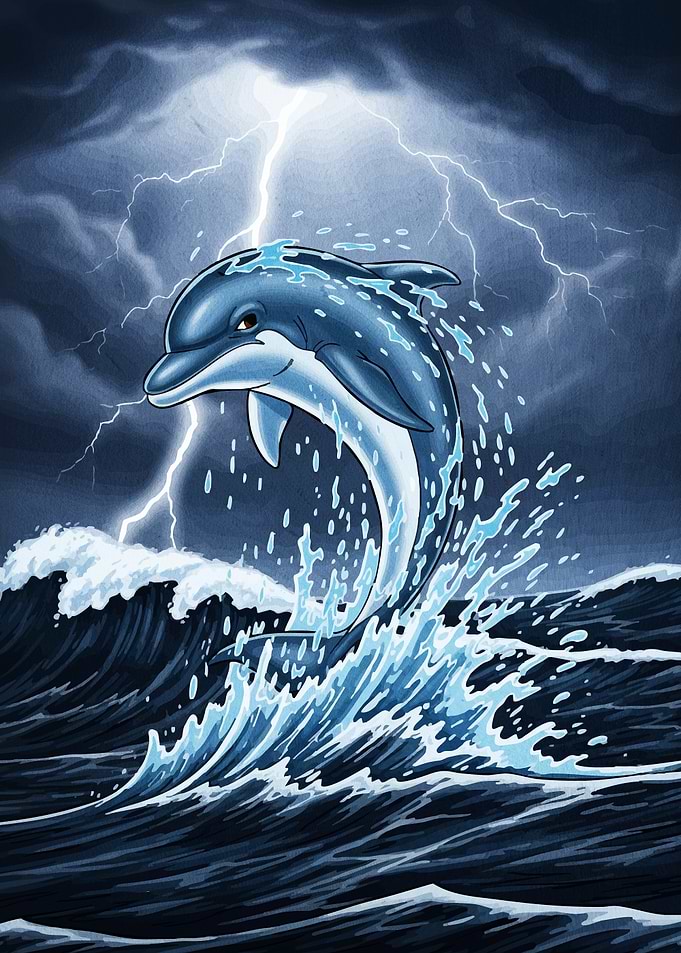 Dolphin leaping stormy ocean