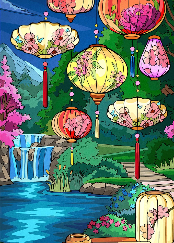 Colorful Lanterns in a Serene Landscape