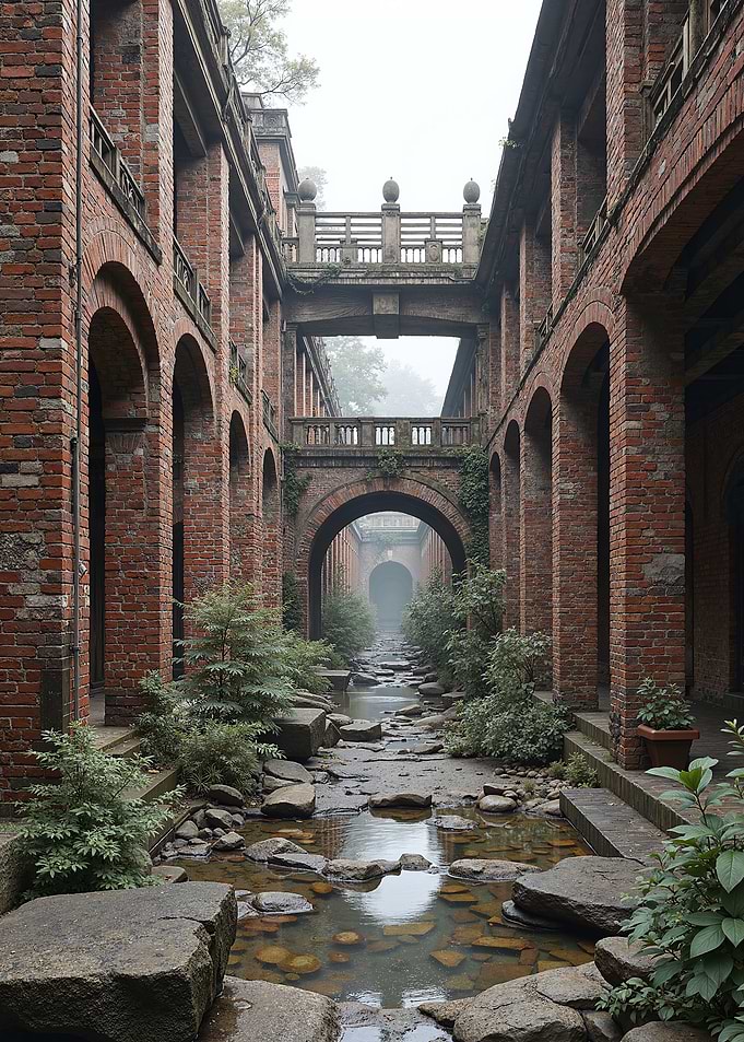 Red Brick Architecture with Water Feature