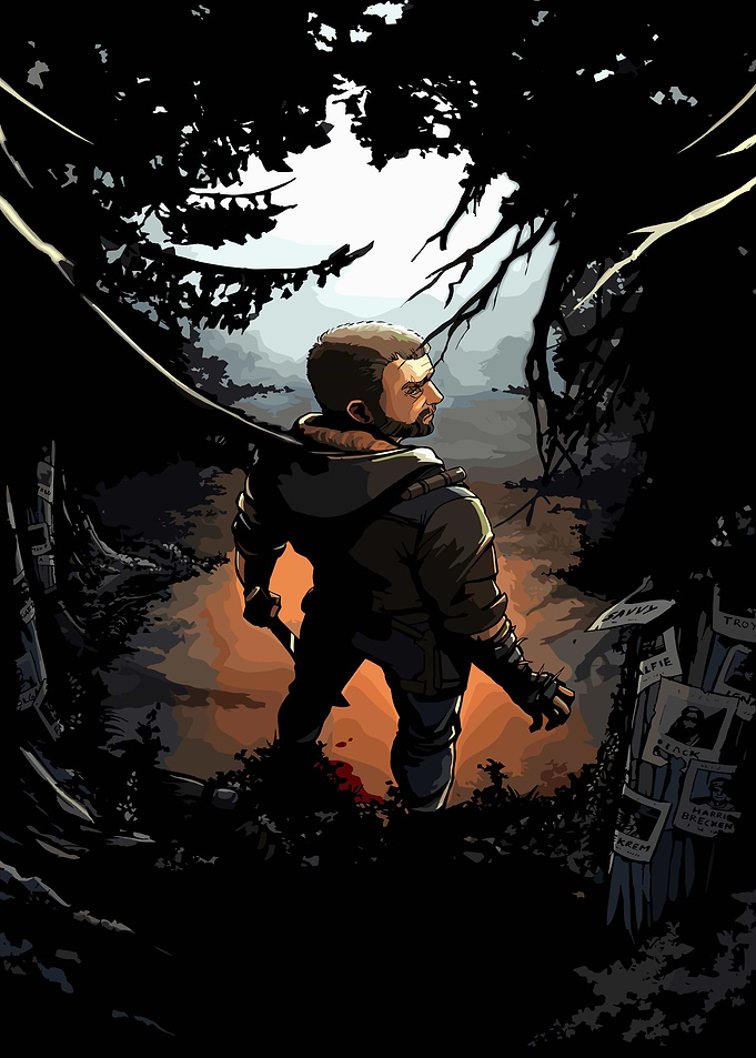 Man in Dark Forest with Weapon