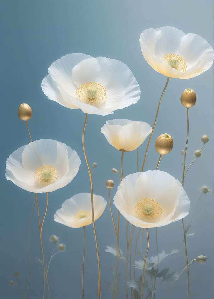 Elegant White Poppies on Blue Background