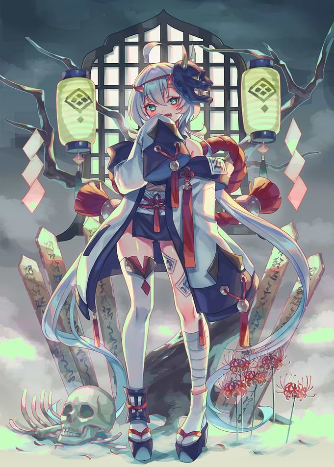 Anime Girl with Mask and Lanterns