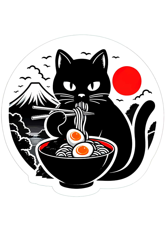 Black Cat Eating Ramen Illustration