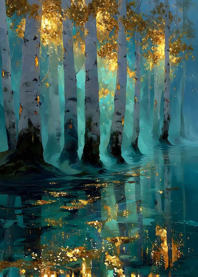 Golden Forest Reflections – Dreamlike Abstract Landscape Painting