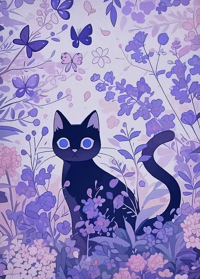 Black Cat in Lavender Garden