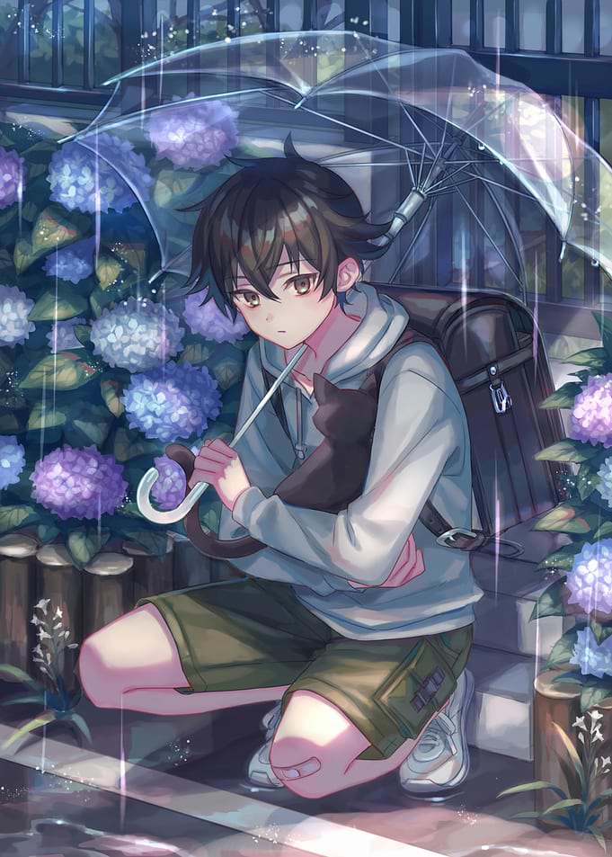 Boy with Cat in Rainy Hydrangea Garden