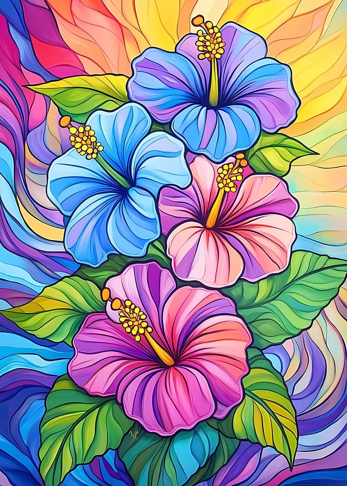 Colorful Hibiscus Flowers Art