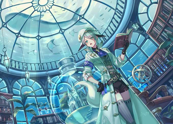 Anime Character in Underwater Library