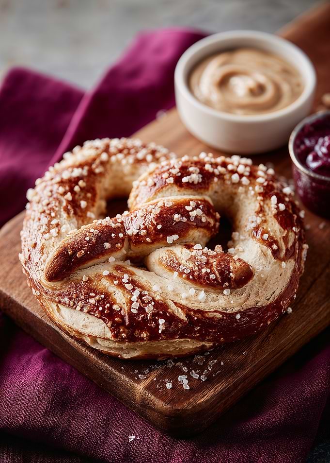 Salted Pretzel with Dips on Board