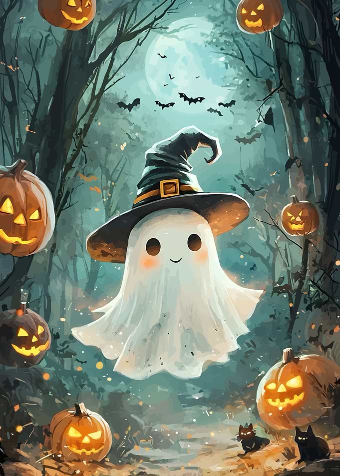 Cute Halloween Ghost in Forest