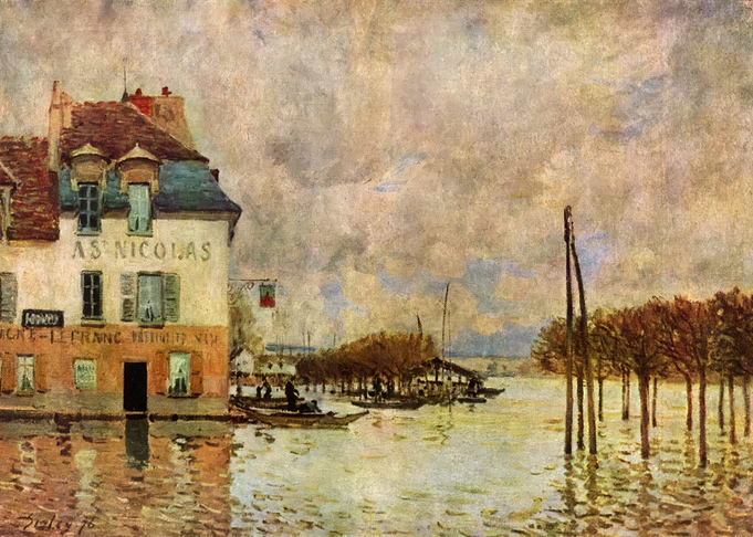 Flooded Townscape Painting, alfred sisley artwork