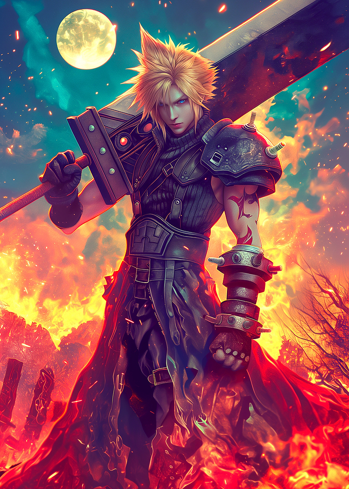Cloud Strife in Fiery Landscape