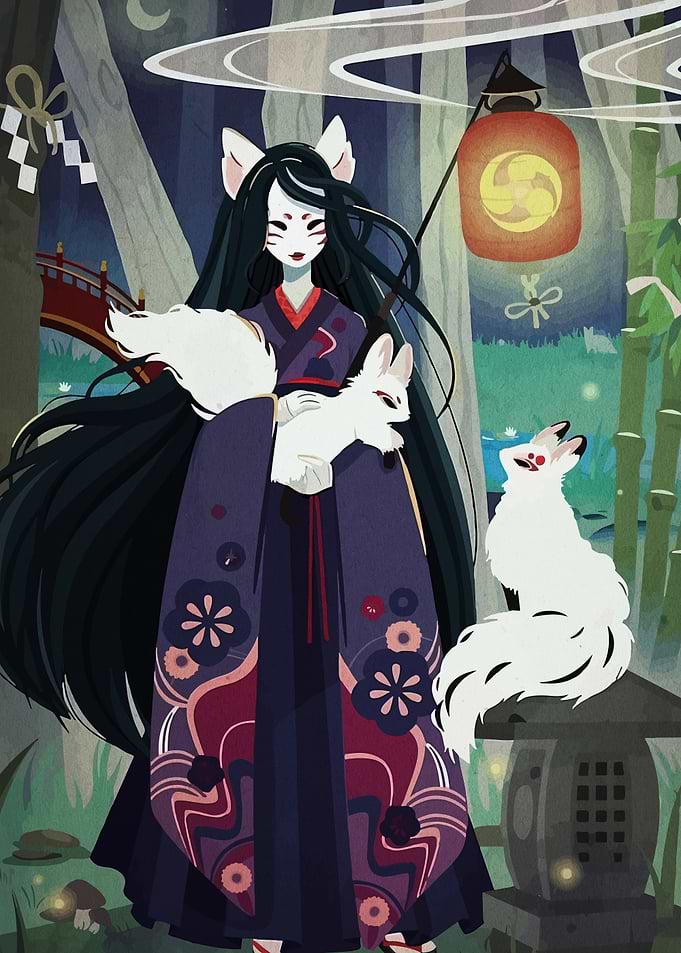Fox Spirit in Forest with Kitsune