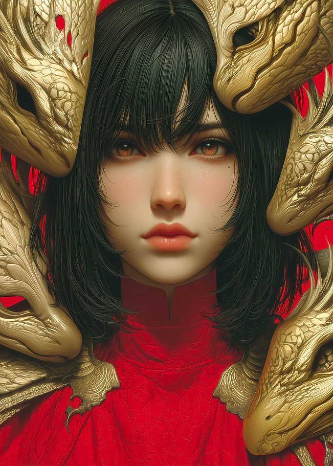 Woman Surrounded by Golden Dragon Heads